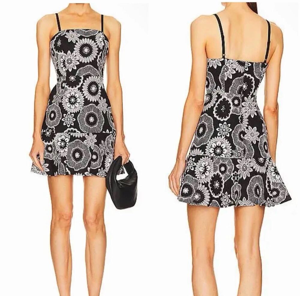 Milly Black White Floral Embroidered Mini Dress Size 6 Fit & Flare Sleeveless